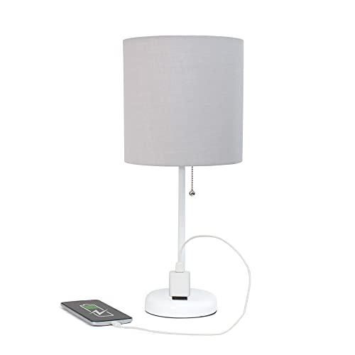 Creekwood Home Oslo 19.5" Contemporary Bedside Power Outlet Base Standard Metal Table Desk Lamp in White with Gray Drum Fabric Shade