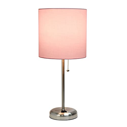 Creekwood Home Oslo 19.5" Contemporary Bedside Power Outlet Base Standard Metal Table Desk Lamp in Brushed Steel with Light Pink Drum Fabric Shade