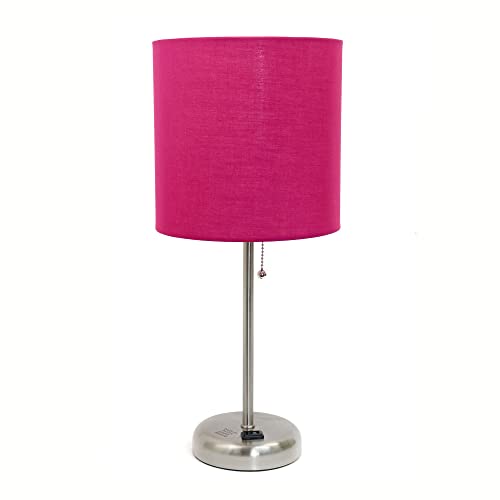 Creekwood Home Oslo 19.5" Contemporary Bedside Power Outlet Base Standard Metal Table Desk Lamp in Brushed Steel with Pink Drum Fabric Shade