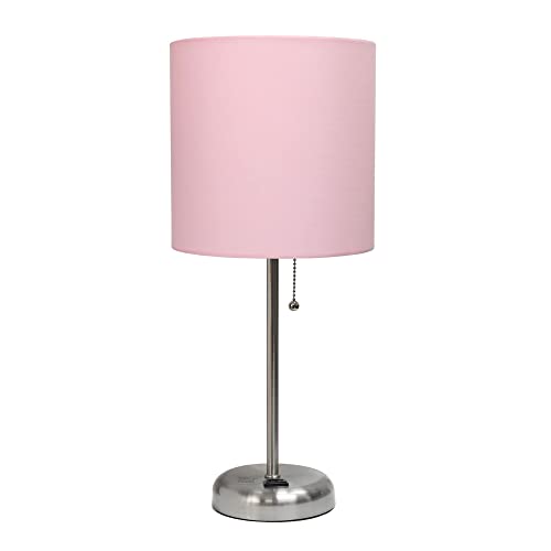 Creekwood Home Oslo 19.5" Contemporary Bedside Power Outlet Base Standard Metal Table Desk Lamp in Brushed Steel with Light Pink Drum Fabric Shade