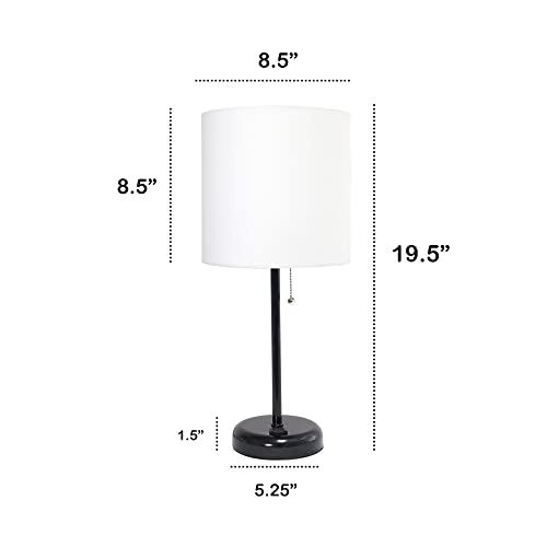 Creekwood Home Oslo 19.5" Contemporary Bedside Power Outlet Base Standard Metal Table Desk Lamp in Black with White Drum Fabric Shade