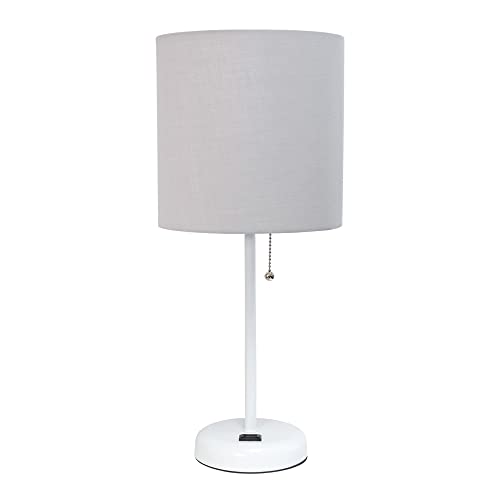 Creekwood Home Oslo 19.5" Contemporary Bedside Power Outlet Base Standard Metal Table Desk Lamp in White with Gray Drum Fabric Shade