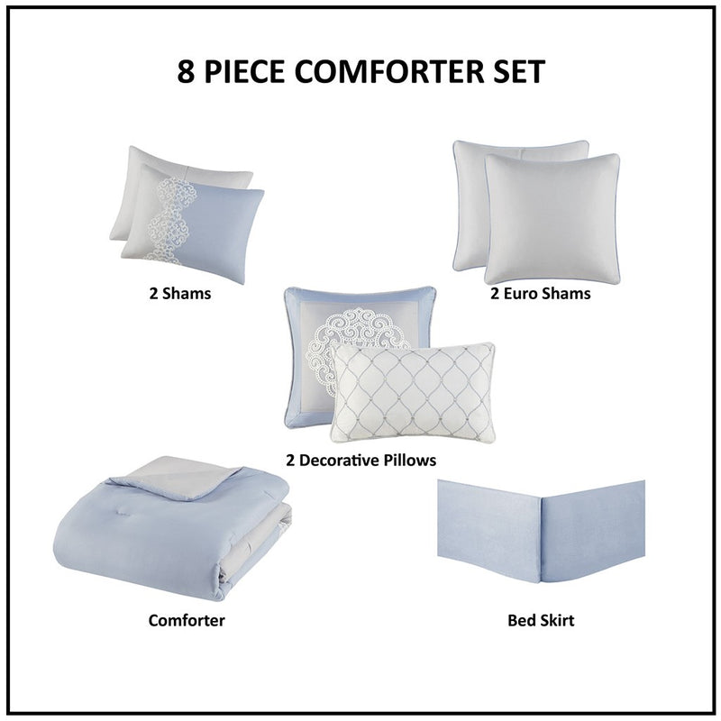 Madison Park Panache 8 Piece Embroidered Microfiber Comforter Set Cal King 1 Comforter:104""W x 92""L