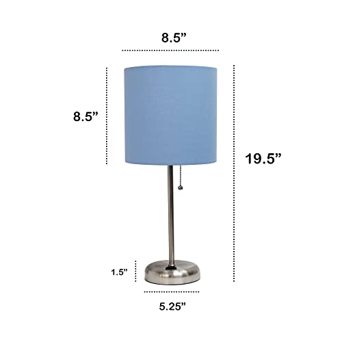 Creekwood Home Oslo 19.5" Contemporary Bedside Power Outlet Base Standard Metal Table Desk Lamp in Brushed Steel with Blue Drum Fabric Shade