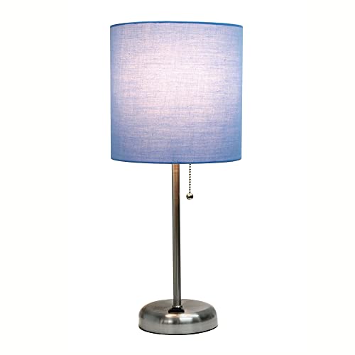 Creekwood Home Oslo 19.5" Contemporary Bedside Power Outlet Base Standard Metal Table Desk Lamp in Brushed Steel with Blue Drum Fabric Shade