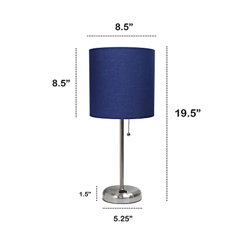 Creekwood Home Oslo 19.5" Contemporary Bedside Power Outlet Base Standard Metal Table Desk Lamp in Brushed Steel with Navy Blue Drum Fabric Shade