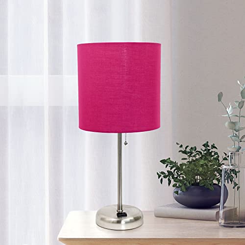 Creekwood Home Oslo 19.5" Contemporary Bedside Power Outlet Base Standard Metal Table Desk Lamp in Brushed Steel with Pink Drum Fabric Shade