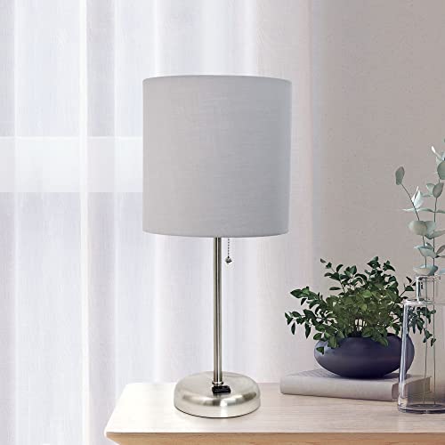 Creekwood Home Oslo 19.5" Contemporary Bedside Power Outlet Base Standard Metal Table Desk Lamp in Brushed Steel with Gray Drum Fabric Shade