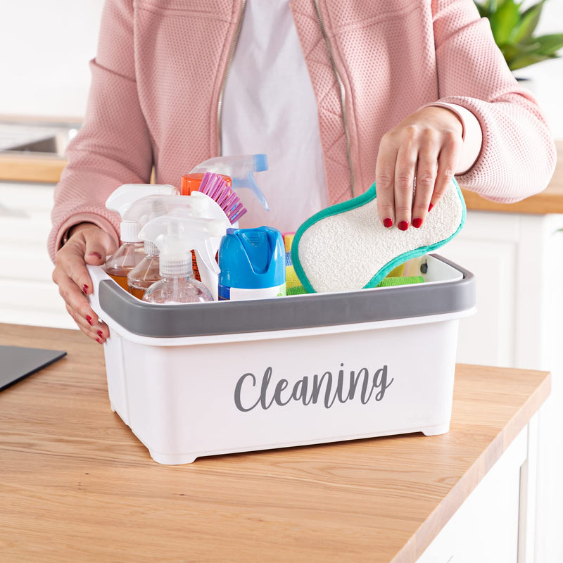 Minky Large Storage Caddy - Easy to Clean Plastic Storage Bin with Foldaway Handle - Perfect for Cleaning, Crafts, Baby Items, DIY - Great for Pantry, Fridge & Organization - Made in UK (White)