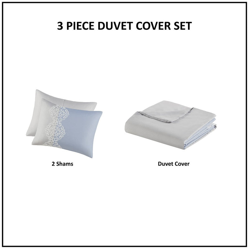 Madison Park Panache 3 Piece Embroidered Microfiber Duvet Cover Set Full/Queen 1 Duvet Cover:90""W x 90""L 2 Standard Shams:20""W x 26""L(2)