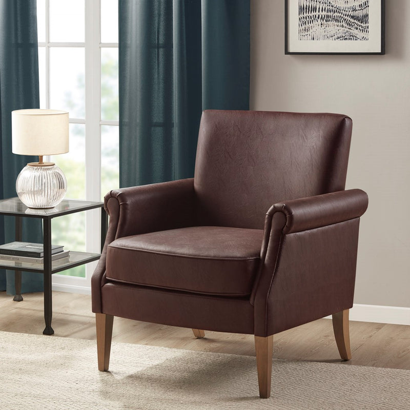 Madison Park Annika Faux Leather Accent Arm Chair See below Overall Dimensions:29.5""W x 30.5""D x 33.5""H Seat Dimensions:21""W x 22""D x 18.75""H Back Rest Size:24.25""W x 14.75""H Front Leg Height:8"" Back Leg Height:7.5"" Weight Capacity:300lbs