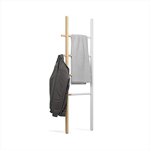 Umbra Hub Ladder – Adjustable Clothing Rack for Bedroom or Freestanding Towel Rack for Bathroom | Expands from 16 to 24 inches with 4 Notched Hooks, White/Natural