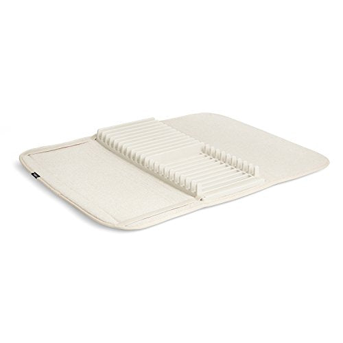 Umbra UDRY Rack and Microfiber Dish Drying Mat-Space-Saving Lightweight Design Folds Up for Easy Storage, Standard, Linen