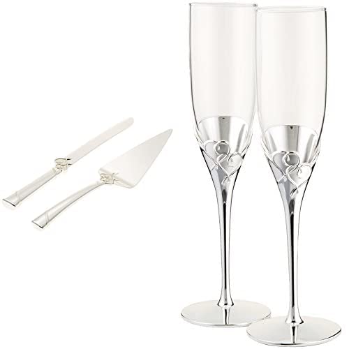 Lenox True Love Glass Flute Pair - and True Love 2-Piece Dessert Set, Silver, Regular 13"