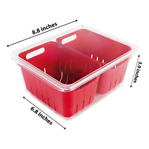 Kitchen Spaces Twin Colander Stackable Food Storage Organizer for Fridge, Freezer, and Pantry, 8.8" x 6.8" x 3.9", Red & Clear