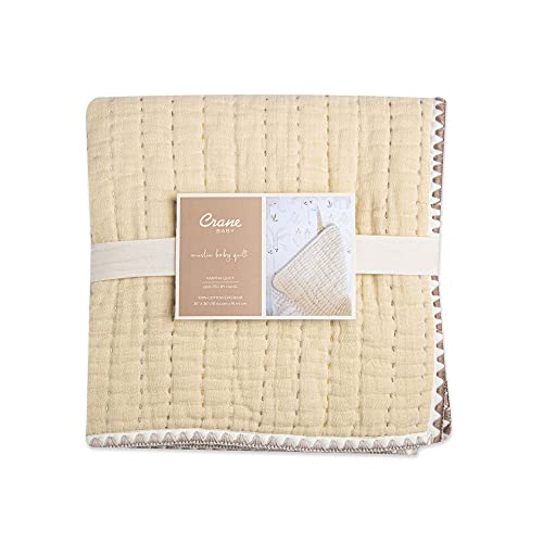 Crane Baby Blanket, Soft Cotton Quilted Nursery and Stroller Blanket for Boys and Girls, Light Yellow, 36” x 36”
