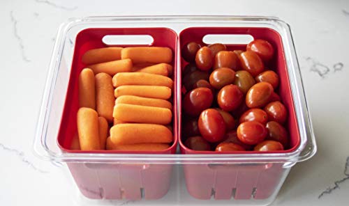 Kitchen Spaces Twin Colander Stackable Food Storage Organizer for Fridge, Freezer, and Pantry, 8.8" x 6.8" x 3.9", Red & Clear