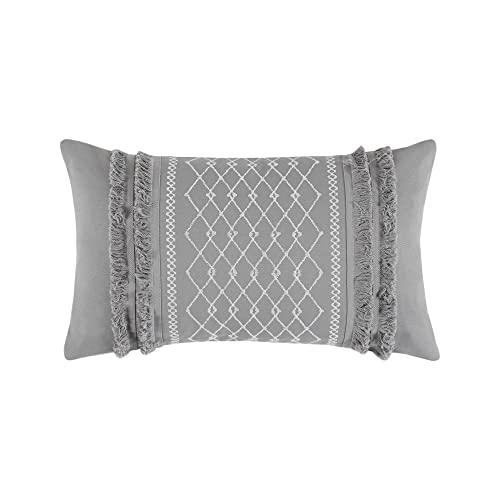 INK+IVY Bea Mid Century Modern Cotton Oblong Decorative Pillow Sofa Cushion Lumbar, Back Support, 12" x 20", Geometric Embroidery Grey