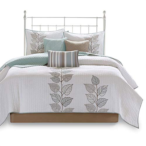 Madison Park Quilt Modern Classic Design All Season, Breathable Coverlet Bedspread Lightweight Bedding Set, Matching Shams, Decorative Pillow, King/Cal King(104"x94"), Caelie, Leaf Blue, 6 Piece