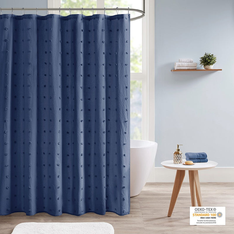 Home Outfitters Indigo Blue 100% Cotton Jacquard Pom Pom Shower Curtain 70"W x 72"L, Shower Curtain for Bathrooms, Casual