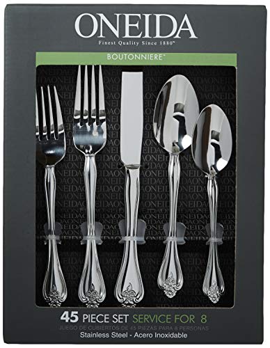 Oneida Boutonniere 45 Piece Everday Flatware, Service for 8, 18/0 Stainless Steel. Silverware Set, Dishwasher Safe, Multi