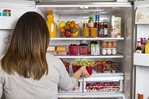 Kitchen Spaces Colander Bin Stackable Food Storage Organizer for Fridge, Freezer, and Pantry, 8.8" x 6.8" x 3.9", Red & Clear