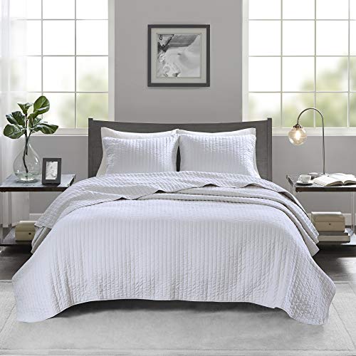 Madison Park Keaton Quilt Set-Casual Channel Stitching Design All Season, Lightweight Coverlet Bedspread Bedding, Shams, King/Cal King(104"x94"), Stripe White, 3 Piece