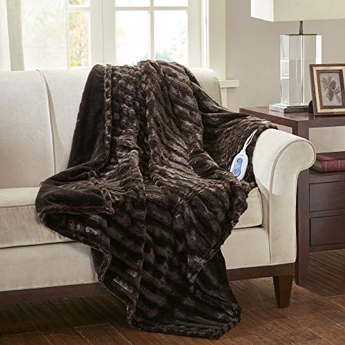 Beautyrest Duke Blanket Luxury Oversize Electric Throw Premium Soft Cozy Brushed Long Faux Fur for Bed, Couch with 3 Heat Setting Controller, Auto Shut-Off Function, Brown, 50 in x 70 in