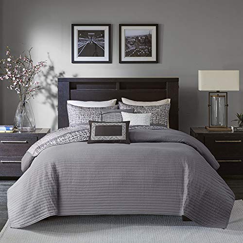 Madison Park Reversible Quilt Luxury Jacquard Design, All Season, Breathable Coverlet Bedspread Bedding Set, Matching Shams, Decorative Pillow, King/Cal King(104"x94"), Rhapsody, Grey/Taupe 6 Piece