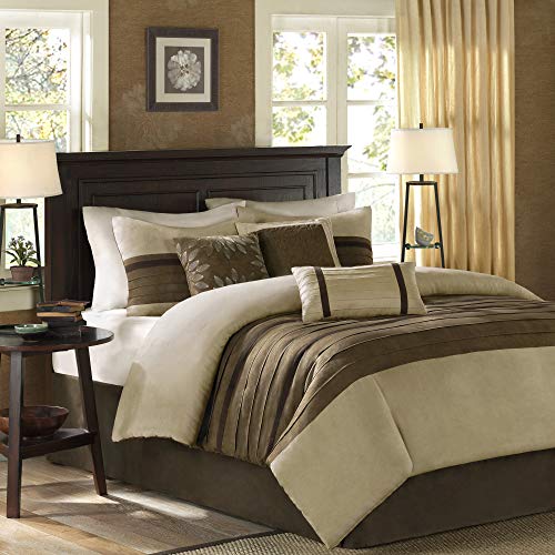 Madison Park Cozy Comforter Set-Luxury Faux Suede Design, Striped Accent, All Season Down Alternative Bedding, Matching Shams, Decorative Pillow, Natural, Full (82 in x 90 in)
