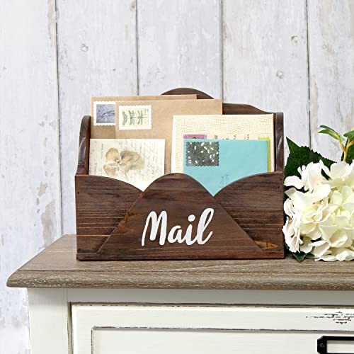 Elegant Designs HG2020-BWN Homewood Farmhouse Wooden Decorative Envelope Shaped Desktop Letter Holder, Bill Organizer, Storage Box, Crate with Mail White Script for Décor, Countertop, Office, Brown