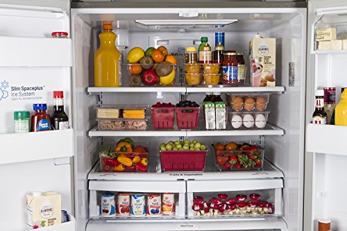 Kitchen Spaces Colander Bin Stackable Food Storage Organizer for Fridge, Freezer, and Pantry, 8.8" x 6.8" x 3.9", Red & Clear