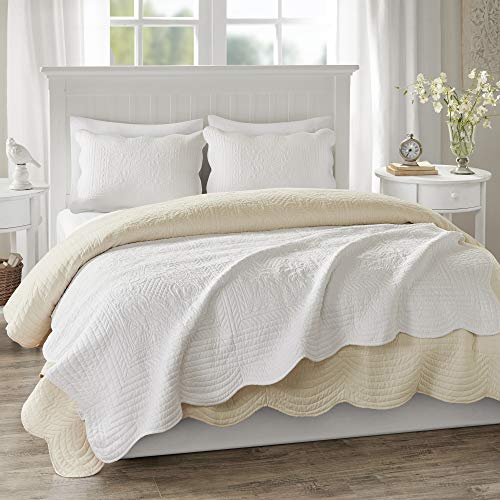 Madison Park Tuscany Luxury Oversized Quilted Throw with Scalloped Edges White 60x72 Quilted Premium Soft Cozy Microfiber For Bed, Couch or Sofa