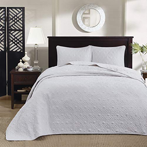 Madison Park Quebec Reversible Damask Design, Double Sided Quilting All Season, Lightweight Coverlet Bedspread Bedding Set, Matching Shams, Twin(81"x110"), White 2 Piece