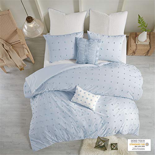 Urban Habitat Cotton Comforter Set-Tufts Pompom Design All Season Bedding, Matching Shams, Decorative Pillows, Twin/Twin XL, Brooklyn, Jacquard Blue
