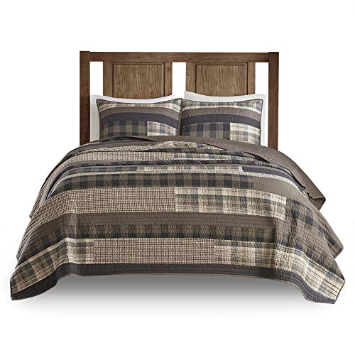 Woolrich 100% Cotton Quilt Reversible Plaid Cabin Lifestyle Design All Season, Breathable Coverlet Bedspread Bedding Set, Matching Shams, Full/Queen, Winter Plains, Taupe, 3 Piece