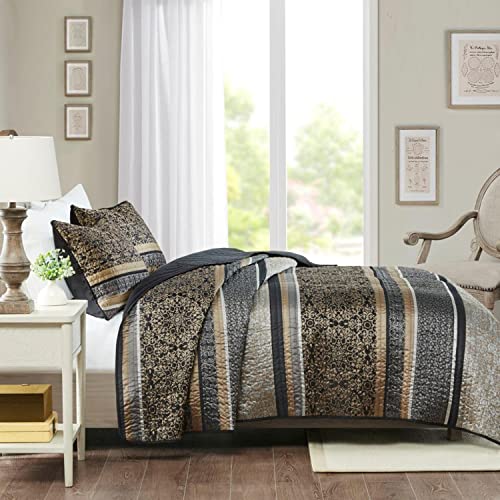 Madison Park Polyester Jacquard Coverlet Set in Black and Gold Finish MP13-7725