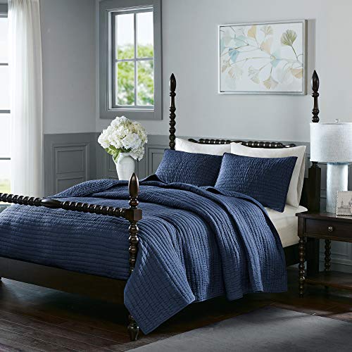 MADISON PARK SIGNATURE Serene King Size Quilt Bedding Set - Navy Blue, Quilted – 3 Piece Bedding Quilt Coverlets – 100% Cotton Voile Bed Quilts Quilted Coverlet