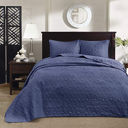 Madison Park Quebec King Size Quilt Bedding Set - Navy , Damask – 3 Piece Bedding Quilt Coverlets – Ultra Soft Microfiber Bed Quilts Quilted Coverlet