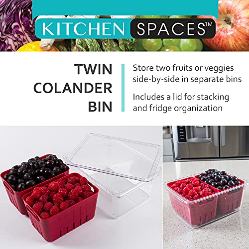 Kitchen Spaces Twin Colander Stackable Food Storage Organizer for Fridge, Freezer, and Pantry, 8.8" x 6.8" x 3.9", Red & Clear