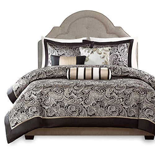 Madison Park Aubrey Cal King Size Bed Comforter Set Bed In A Bag - Black,  Champagne , Paisley Jacquard – 12 Pieces Bedding Sets – Ultra Soft