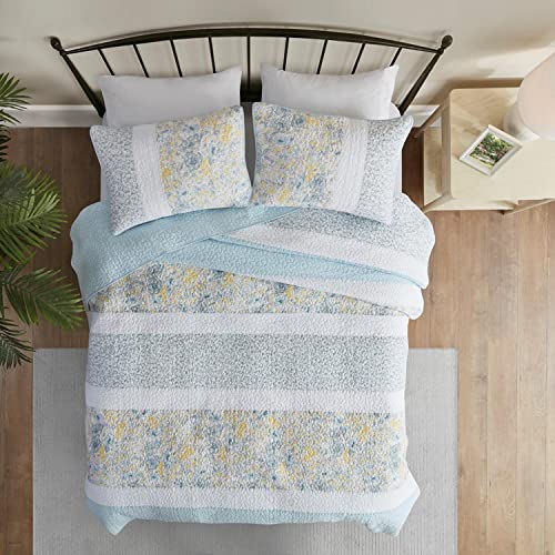 Madison Park Violet Cotton Printed Coverlet Set with Aqua and Yellow Finish