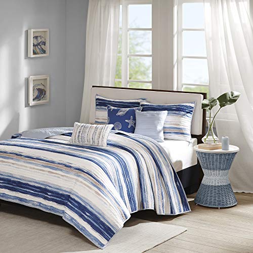 Madison Park - Marina 6 Piece Quilted Coverlet Set - Blue - Full/Queen - Geometric - Includes 1 Coverlet, 3 Decorative Pillows, 2 Shams, Marina, Blue, Full/Queen (90 in x 90 in)