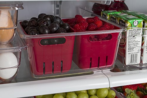 Kitchen Spaces Twin Colander Stackable Food Storage Organizer for Fridge, Freezer, and Pantry, 8.8" x 6.8" x 3.9", Red & Clear