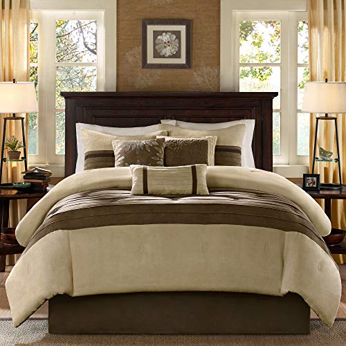 Madison Park Cozy Comforter Set-Luxury Faux Suede Design, Striped Accent, All Season Down Alternative Bedding, Matching Shams, Decorative Pillow, Natural, Full (82 in x 90 in)