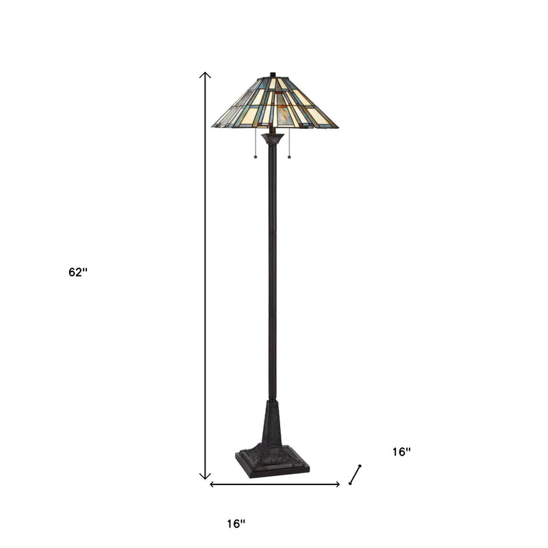 Home Outfitters 62" Bronze Two Light Traditional Shaped Floor Lamp With Gray and Ivory Abstract Tiffany Glass Empire Shade
