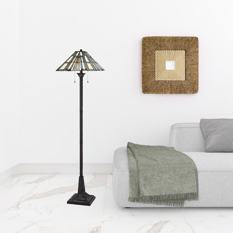 Home Outfitters 62" Bronze Two Light Traditional Shaped Floor Lamp With Gray and Ivory Abstract Tiffany Glass Empire Shade