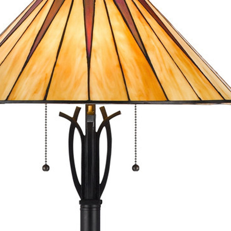 Home Outfitters 61" Bronze Two Light Traditional Shaped Floor Lamp With Red and Ivory Abstract Tiffany Glass Empire Shade