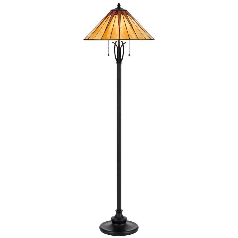 Home Outfitters 61" Bronze Two Light Traditional Shaped Floor Lamp With Red and Ivory Abstract Tiffany Glass Empire Shade