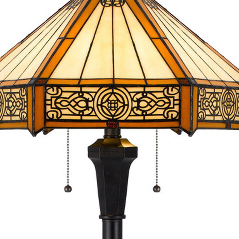 Home Outfitters 60" Bronze Two Light Traditional Shaped Floor Lamp With Orange and Ivory Abstract Tiffany Glass Empire Shade